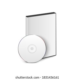 Vector 3d Realistic Blank White CD, DVD with Cover Case Box Set Closeup Isolated on White Background. Design Template. CD Packaging Copy Space. Front View