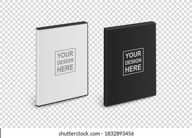 Vector 3d Realistic Blank White and Black CD, DVD Plastc or Paper Cover Case Box Set Closeup Isolated on Transparent Background. Design Template. CD Packaging Copy Space. Half-turn View