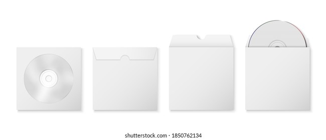 Vector 3d Realistic Blank White CD, DVD and Paper Closed and Opened Envelope with Window, Cover Set Isolated on White Background. Front and Back, Top View. Design Template of Packaging for Mockup