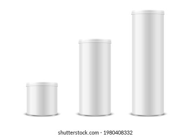 Vector 3d Realistic Blank White Metal Tin Can, Canned Food, Potato Chips Packaging With Lid Set Isolated On White Background. Small, Medium, Big Size. Design Template, Mockup. Front View