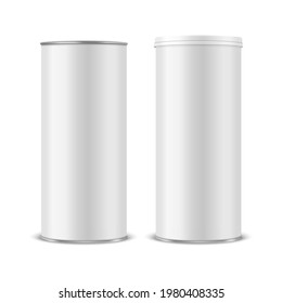 Vector 3d Realistic Blank White Metal Tin Can, Canned Food, Potato Chips Packaging With Lid Set Isolated On White Background. Medium Size. Design Template, Mockup. Front View