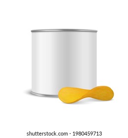 Vector 3d Lata de Tin de Metal Blanco en blanco realista, Comida en lata, Empaquetado de patatas y Chips texturadas realistas aisladas en fondo blanco. Pequeño Tamaño. Plantilla de diseño, Trampa. Vista frontal