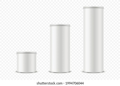 Vector 3d Realistic Blank White Metal Tin Can, Canned Food, Potato Chips Packaging With Lid Icon Set Isolated On Transparent Background. Small, Medium, Big Size. Design Template, Mockup. Front View