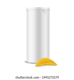 Vector 3d Realistic Blank White Glossy Metal Tin Can, Canned Food, Potato Chips Packaging with Lid and Realistic Textured Chips Isolated On White Background. Design Template, Mockup. Front View