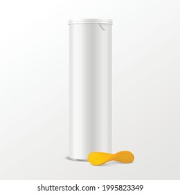 Vector 3d Realistic Blank White Metal Tin Can, Canned Food, Potato Chips Packaging with Lid, Realistic Textured Chips Isolated On White Background. Design Template, Mockup. Front View