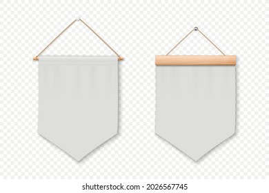 Vector 3d Realistic Blank White Pennant Wall Hanging, Design Template, Mockup. Pennant Closeup Isolated. Empty Fabric Flag, Advertising Canvas Banners. Pennants Set