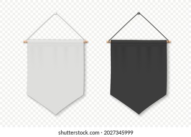 Vector 3d Colgado de pared real en blanco y negro, plantilla de diseño, mordaza. Pennant Closeup Aislado. Bandera de tela vacía, pancartas publicitarias de lienzo. Pennants Set