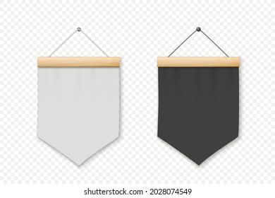 Vector 3d Colgado de pared real en blanco y negro, plantilla de diseño, mordaza. Pennant Closeup Aislado. Bandera de tela vacía, pancartas publicitarias de lienzo. Pennants Set