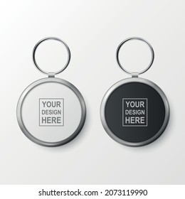 Vector 3d Realistic Blank White, Black Round Keychain with Ring and Chain for Key Set Isolated. Button Badge with Ring. Paper, Plastic, Metal ID Badge with Chains Key Holder, Design Template, Mockup