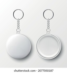 Vector 3d Realistic Blank White Round Keychain With Ring And Chain For Key Isolated On White. Button Badge With Ring. Plastic, Metal ID Badge With Chains Key Holder, Design Template, Mockup