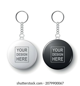 Vector 3d Realistic Blank White and Black Round Keychain with Ring and Chain for Key Isolated on White. Button Badge with Ring. Plastic, Metal ID Badge with Chains Key Holder, Design Template, Mockup