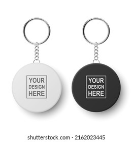 Vector 3d Realistic Blank White Round Keychain with Ring and Chain for Key Isolated on White. Button Badge with Ring. Plastic, Metal ID Badge with Chains Key Holder, Design Template, Mockup