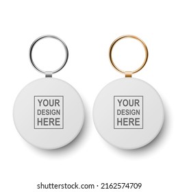 Vector 3d Realistic Blank White Round Keychain with Ring and Chain for Key Isolated on White. Button Badge with Ring Set. Plastic, Metal ID Badge with Chains Key Holder, Design Template, Mockup