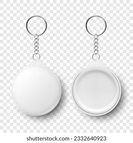 Keychain Realista de redondeo blanco en blanco, 3d, con anillo y cadena para llavero aislado en blanco. Insignia de botón con anillo. Tarjeta de identificación de plástico y metal con portador de claves de las cadenas, plantilla de diseño, recolección