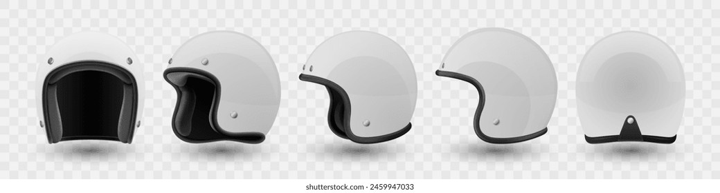 Vector 3d Realistic Blank White Glossy Classic Vintage Open-Face Motorbike Helmet Design Template for Mockup. Front, Side and Back View. Motorcycle Helmet Icon, Closeup, Isolated
