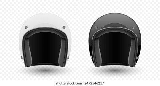 Vector 3d Realista Blanco en blanco y Negro Brillante Clásico Antiguas Open-Face Casco de Moto Plantilla de Diseño para Mockup. Vista frontal. Icono del casco de la motocicleta, primer plano, aislado