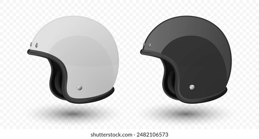 Vector 3d Realistic Blank White and Black Glossy Classic Vintage Open-Face Motorbike Helmet Design Template for Mockup. Side View. Motorcycle Helmet Icon, Closeup, Isolated