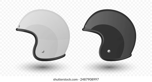 Vector 3d Realistic Blank White and Black Glossy Classic Vintage Open-Face Motorbike Helmet Design Template for Mockup. Side View. Motorcycle Helmet Icon, Closeup, Isolated