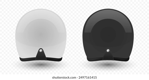 Vector 3d Realistic Blank White and Black Glossy Classic Vintage Open-Face Motorbike Helmet Design Template for Mockup. Rear View. Motorcycle Helmet Icon, Closeup, Isolated