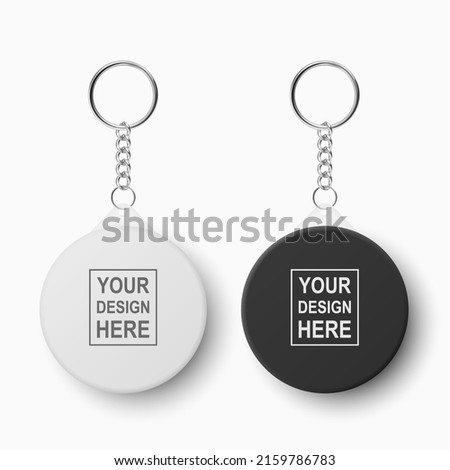 Vector 3d Realistic Blank White Round Keychain with Ring and Chain for Key Isolated on White. Button Badge with Ring. Plastic, Metal ID Badge with Chains Key Holder, Design Template, Mockup 商業照片 © 