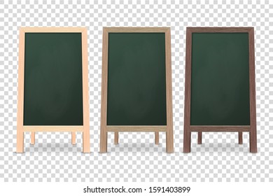 Vector 3d Realistic Blank Wooden Chalk Green Board for Restaurant Menu Icon Set Closeup Isolated. Advertising Street Sandwich Stand, Sidewalk Sign. Chalkboard for Cafe, Design Template, Mockup