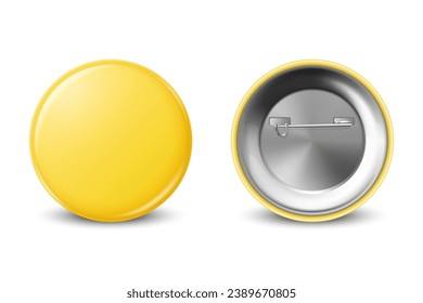 Vector 3d Realistic Blank Yellow Round Button Badge Set Closeup Isolated on a White Background. Button Badge, Plastic or Metal ID Badge Design Template, Mockup. Front View