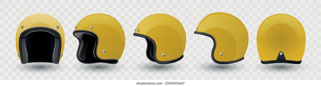 Vector 3d Realistic Blank Yellow Glossy Classic Vintage Open-Face Motorbike Helmet Design Template for Mockup. Front, Side and Back View. Motorcycle Helmet Icon, Closeup, Isolated