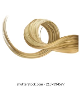 Vector 3d realistic blond hair. Loop from curl. Beautiful healthy shiny blonde female curl of hair.