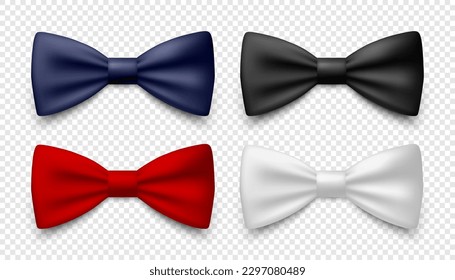 Vector 3d Realistic Blue, Black, Red, White Bow Tie Icon Set Closeup Isolated. Silk Glossy Bowtie, Tie Gentleman. Mockup, Design Template. Bow tie for Man. Mens Fashion, Fathers Day Holiday