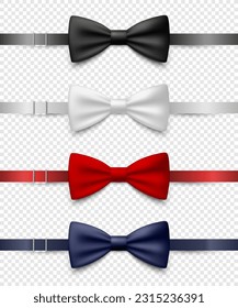 Vector 3d Realistic Blue, Black, Red, White Bow Tie Icon Set Closeup Isolated. Silk Glossy Bowtie, Tie Gentleman. Mockup, Design Template. Bow tie for Man. Mens Fashion, Fathers Day Holiday