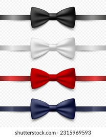 Vector 3d Realistic Blue, Black, Red, White Bow Tie Icon Set Closeup Isolated. Silk Glossy Bowtie, Tie Gentleman. Mockup, Design Template. Bow tie for Man. Mens Fashion, Fathers Day Holiday