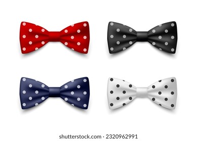 Vector 3d Realistic Blue, Black, Red, White Polka Dots Bow Tie Icon Set Closeup Isolated. Silk Glossy Bowtie, Tie Gentleman. Mockup, Design Template. Bow tie for Man. Mens Fashion, Fathers Day Holiday