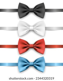 Vector 3d Realistic Blue, Black, Red, White Bow Tie Icon Set Closeup Isolated. Silk Glossy Bowtie, Tie Gentleman. Mockup, Design Template. Bow tie for Man. Mens Fashion, Fathers Day Holiday