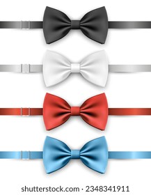 Vector 3d Realistic Blue, Black, Red, White Bow Tie Icon Set Closeup Isolated. Silk Glossy Bowtie, Tie Gentleman. Mockup, Design Template. Bow tie for Man. Mens Fashion, Fathers Day Holiday