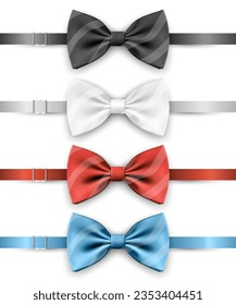 Vector 3d Realistic Blue, Black, Red, White Bow Tie Icon Set Closeup Isolated. Silk Glossy Bowtie, Tie Gentleman. Mockup, Design Template. Bow tie for Man. Mens Fashion, Fathers Day Holiday