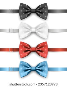 Vector 3d Realistic Blue, Black, Red, White Polka Dot Bow Tie Icon Set Closeup Isolated. Silk Glossy Bowtie, Tie Gentleman. Mockup, Design Template. Bow tie for Man. Mens Fashion, Fathers Day Holiday