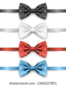 Vector 3d Realistic Blue, Black, Red, White Polka Dot Bow Tie Icon Set Closeup Isolated. Silk Glossy Bowtie, Tie Gentleman. Mockup, Design Template. Bow tie for Man. Mens Fashion, Fathers Day Holiday