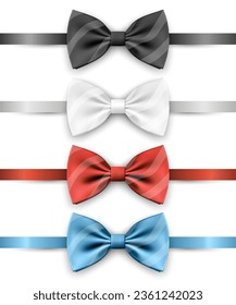 Vector 3d Realistic Blue, Black, Red, White Striped Bow Tie Icon Set Closeup Isolated. Silk Glossy Bowtie, Tie Gentleman. Mockup, Design Template. Bow tie for Man. Mens Fashion, Fathers Day Holiday