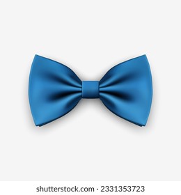 Vector 3d Realistic Blue Bow Tie Icon Closeup Isolated on White Background. Silk Glossy Bowtie, Tie Gentleman. Mockup, Design Template. Bow tie for Man. Mens Fashion, Fathers Day Holiday