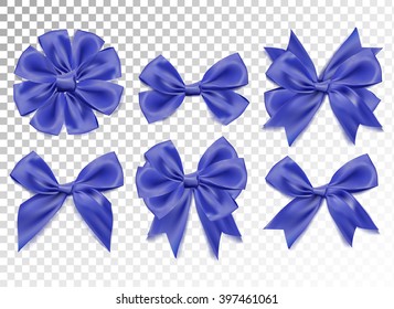 Vector 3d Realistic Blue bows set on transparent background. Design decoration Element. Different forms and shapes. Banner poster print presentation business card invitation greeting card object