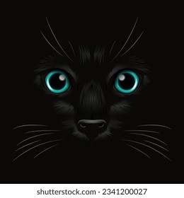 Vector 3d Realistic Blue Cats Eye of a Black Cat in the Dark, Black Background Cat Face with Yes, Nose, Whiskers on Black. Cat Closeup Look in the Darkness. Front View