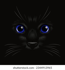 Vector 3d Realistic Blue Cats Eye of a Black Cat in the Dark, at Night. Cat Face with Yes, Nose, Whiskers on Black. Cat Closeup Look in the Darkness. Front View