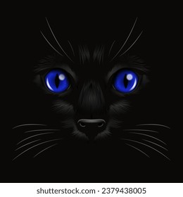 Vektor 3d realistische blaue Katzen Auge einer schwarzen Katze im Dunkeln, bei Nacht. Katzen Sie Gesicht mit Ja, Nase, Whiskers auf Schwarz. Katze Nahaufnahme Schau in die Dunkelheit. Vorderansicht