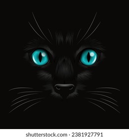 Vektor 3d realistische blaue Katzen Auge einer schwarzen Katze im Dunkeln, bei Nacht. Katzen Sie Gesicht mit Ja, Nase, Whiskers auf Schwarz. Katze Nahaufnahme Schau in die Dunkelheit. Vorderansicht