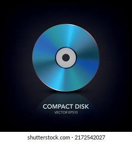 Vector 3d Realistic Blue CD, DVD on Black with Reflection. CD Design Template for Mockup, Copy Space. Compact Disk Icon, Front View