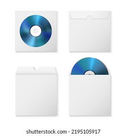 Vector 3d Realistic Blue CD, DVD with Paper Cover, Envelope, Case Isolated. CD Box, Packaging Design Template for Mockup. Compact Disk Icon, Top View