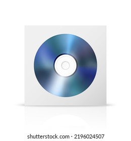 Vector 3d Realistic Blue CD, DVD with Paper Cover, Envelope, Case Isolated. CD Box, Packaging Design Template for Mockup. Compact Disk Icon, Front View