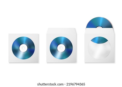 Vector 3d Realistic Blue CD, DVD with Paper Cover, Envelope, Case Isolated. CD Box, Packaging Design Template for Mockup. Compact Disk Icon, Top View