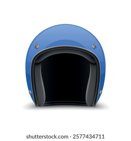 Vector 3D Realistic Blue Classic Vintage Open-Face Motorbike Helmet. Glossy Motorcycle Helmet Design Template for Mockup. Front View. Motorcycle Helmet Icon, Closeup, Isolated