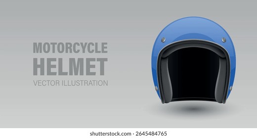 Vector 3D Realistic Blue Classic Vintage Open-Face Motorbike Helmet. Glossy Motorcycle Helmet Design Template for Mockup. Side View. Motorcycle Helmet Icon, Closeup, Isolated